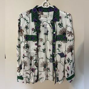 LOFT White Button-Down Blouse with Green Trim and Purple Floral Accents